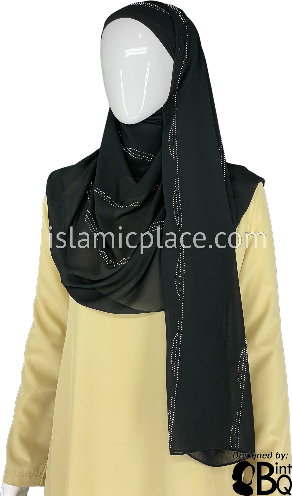 Black with Silver Stones in Design 141 - Georgette Chiffon Shayla Long Rectangle Hijab 30&quot;x70&quot;