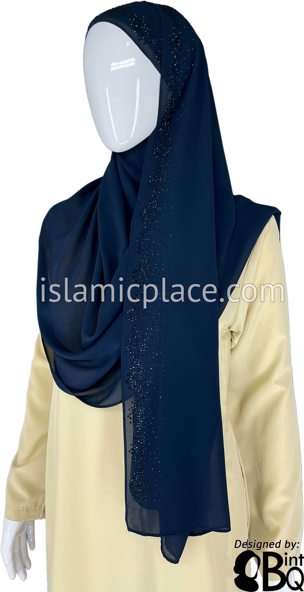 Navy with Navy Stones in Design 21 - Georgette Chiffon Shayla Long Rectangle Hijab 30"x70"