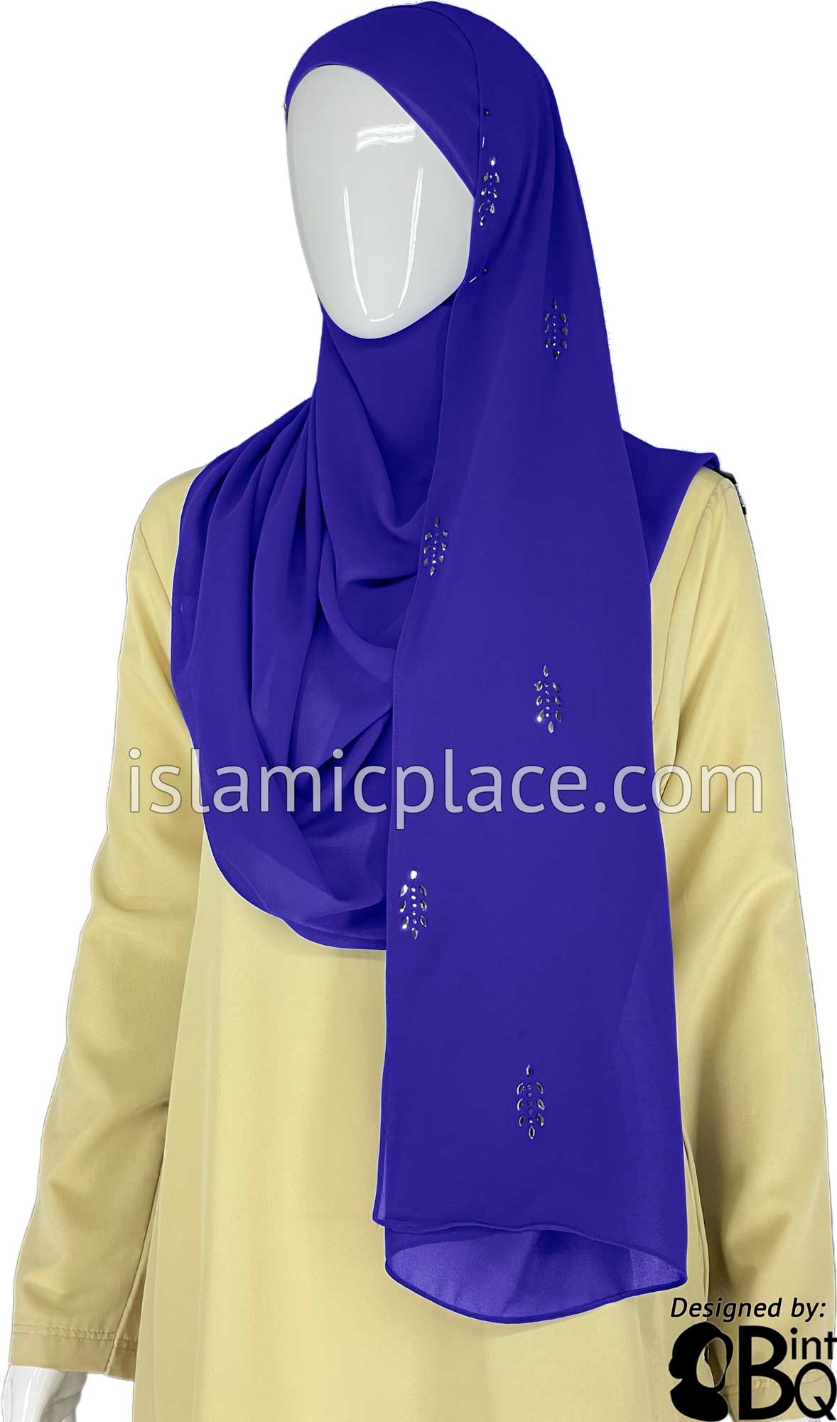 RoyalBlue with Gray Stones in Design 51 - Georgette Chiffon Shayla Long Rectangle Hijab 30"x70"