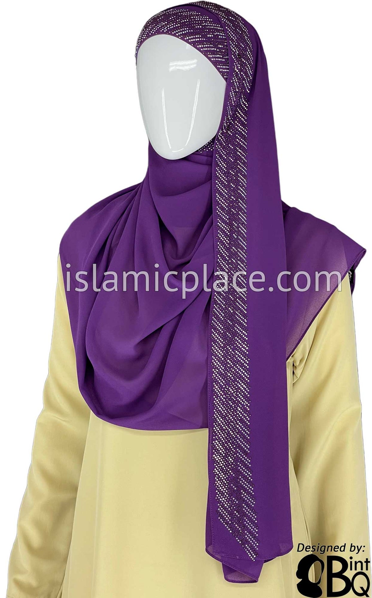 Purple with Silver Stones in Design 131 - Georgette Chiffon Shayla Long Rectangle Hijab 30&quot;x70&quot;