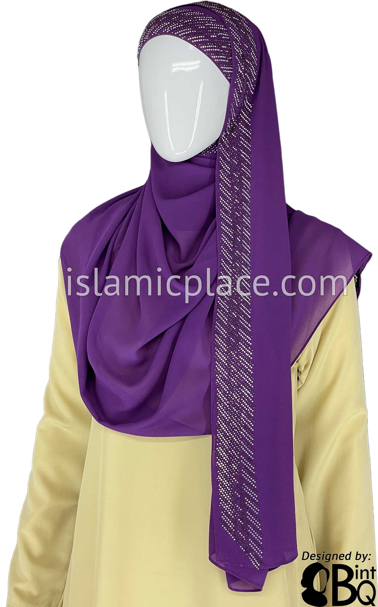 Purple with Silver Stones in Design 131 - Georgette Chiffon Shayla Long Rectangle Hijab 30"x70"