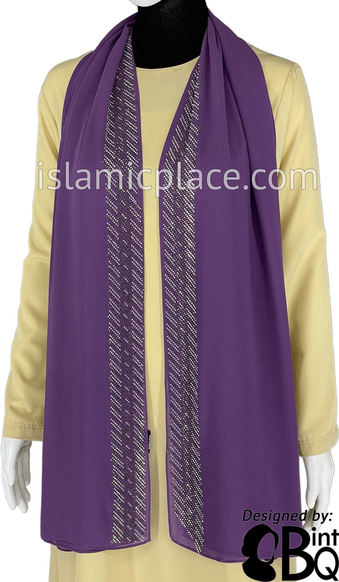 Purple with Silver Stones in Design 131 - Georgette Chiffon Shayla Long Rectangle Hijab 30"x70"