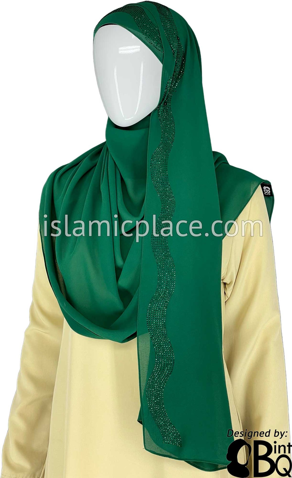 Green with Green Stones in Design 35 - Georgette Chiffon Shayla Long Rectangle Hijab 30&quot;x70&quot;