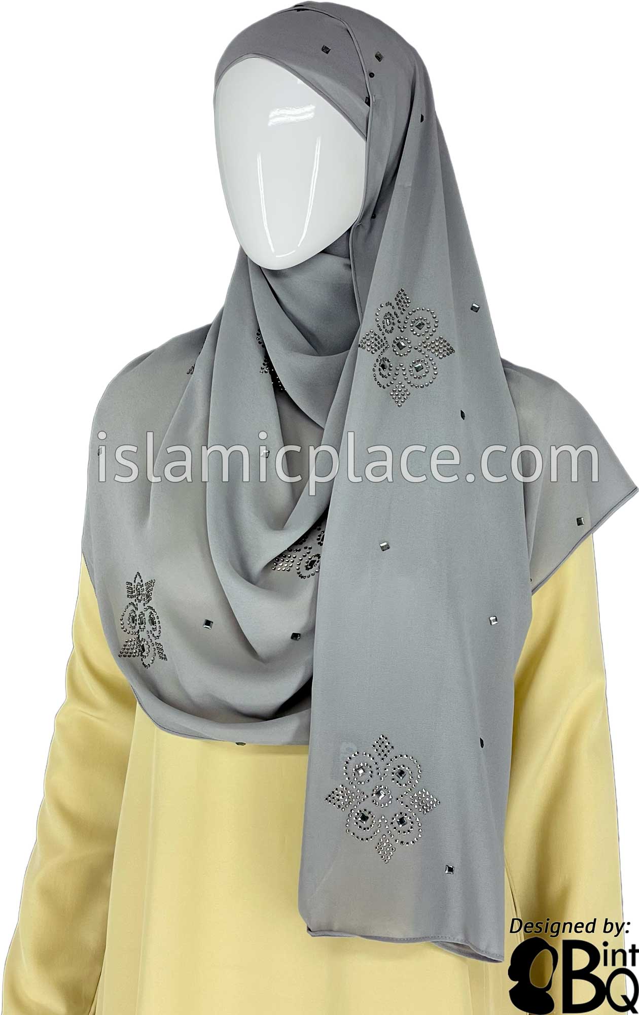 Gray with Silver Stones in Design 125 - Georgette Chiffon Shayla Long Rectangle Hijab 30"x70"