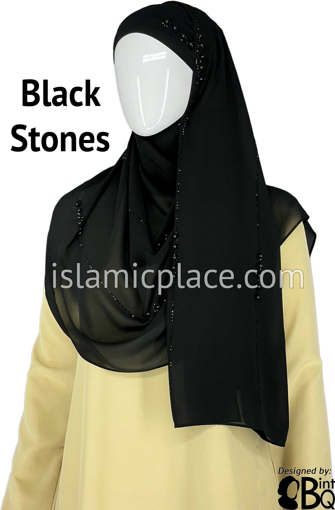 Black with Black Stones in Design 138 - Georgette Chiffon Shayla Long Rectangle Hijab 30"x70"