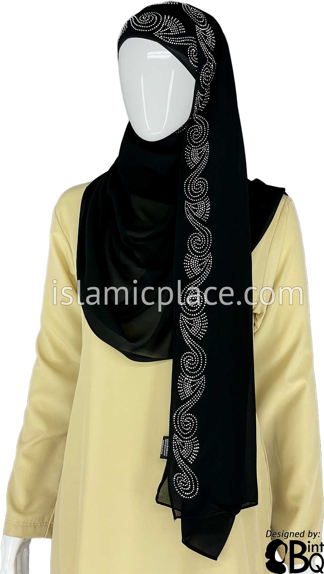 Black with Silver Stones in Design 34 - Georgette Chiffon Shayla Long Rectangle Hijab 30"x70"