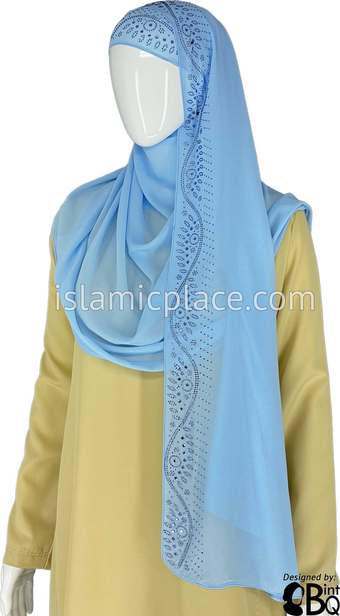 Sky Blue with Blue Stones in Design 69 - Georgette Chiffon Shayla Long Rectangle Hijab 30&quot;x70&quot;