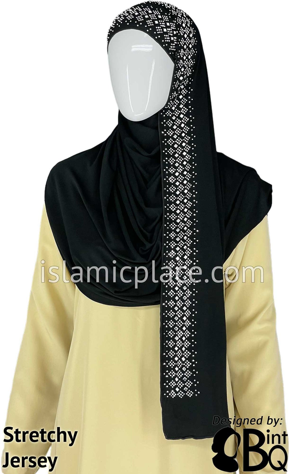 Black with Silver Stones in Design 29 - Jersey Shayla Long Rectangle Hijab 30&quot;x70&quot;