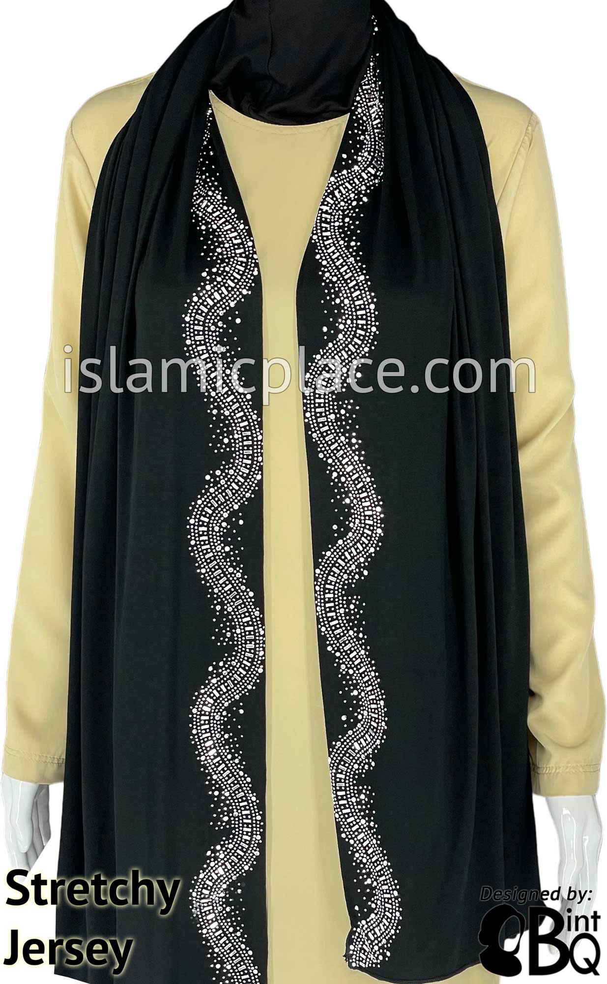 Black with Silver Stones in Design 30 - Jersey Shayla Long Rectangle Hijab 30"x70"