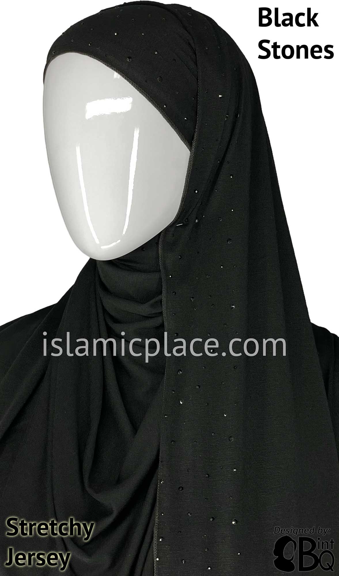 Black with Black Stones in Design 56 - Jersey Shayla Long Rectangle Hijab 30&quot;x70&quot;