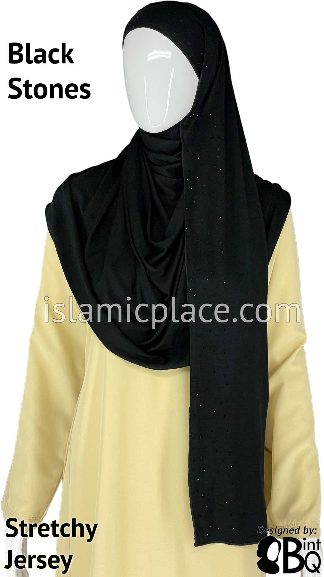 Black with Black Stones in Design 56 - Jersey Shayla Long Rectangle Hijab 30"x70"