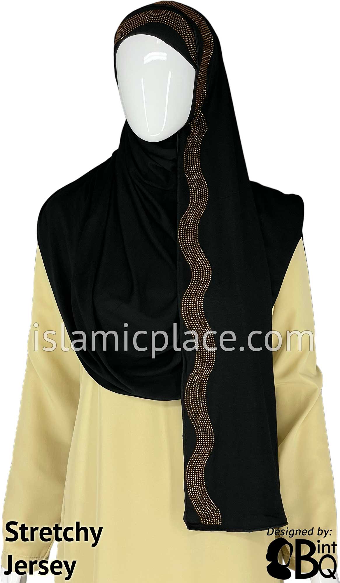 Black with Golden Stones in Design 35 - Jersey Shayla Long Rectangle Hijab 30&quot;x70&quot;