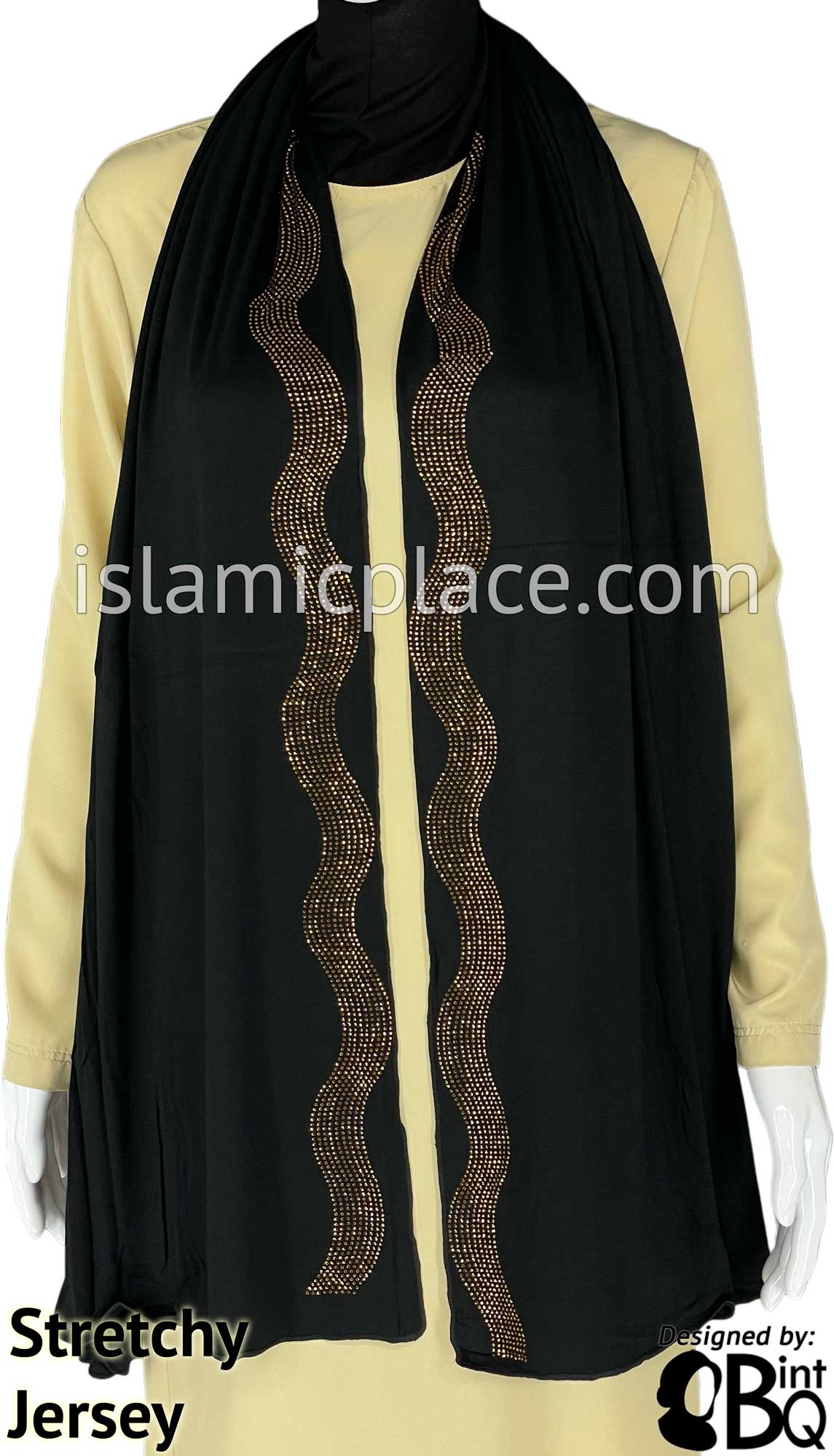 Black with Golden Stones in Design 35 - Jersey Shayla Long Rectangle Hijab 30"x70"