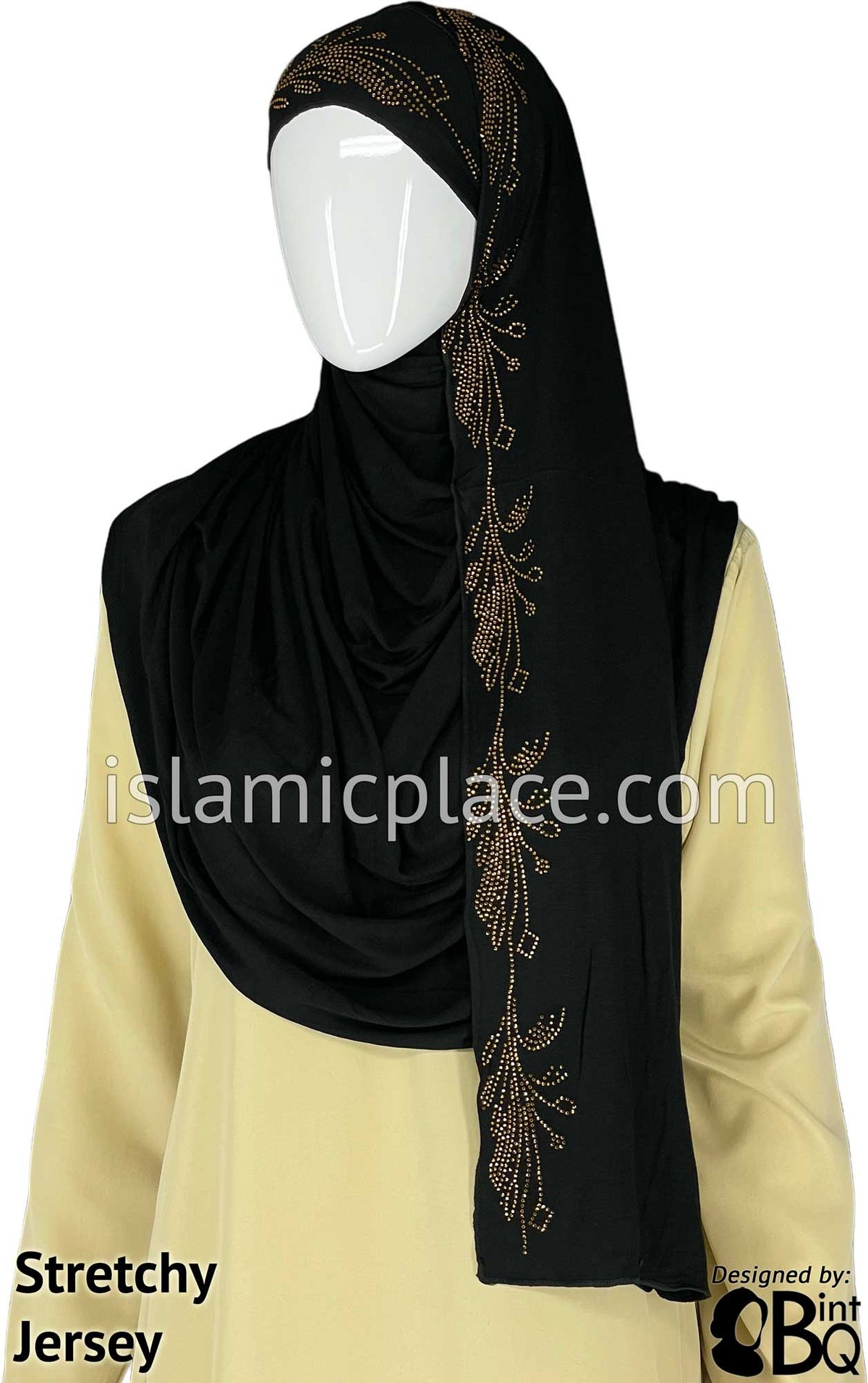 Black with Golden Stones in Design 17 - Jersey Shayla Long Rectangle Hijab 30&quot;x70&quot;