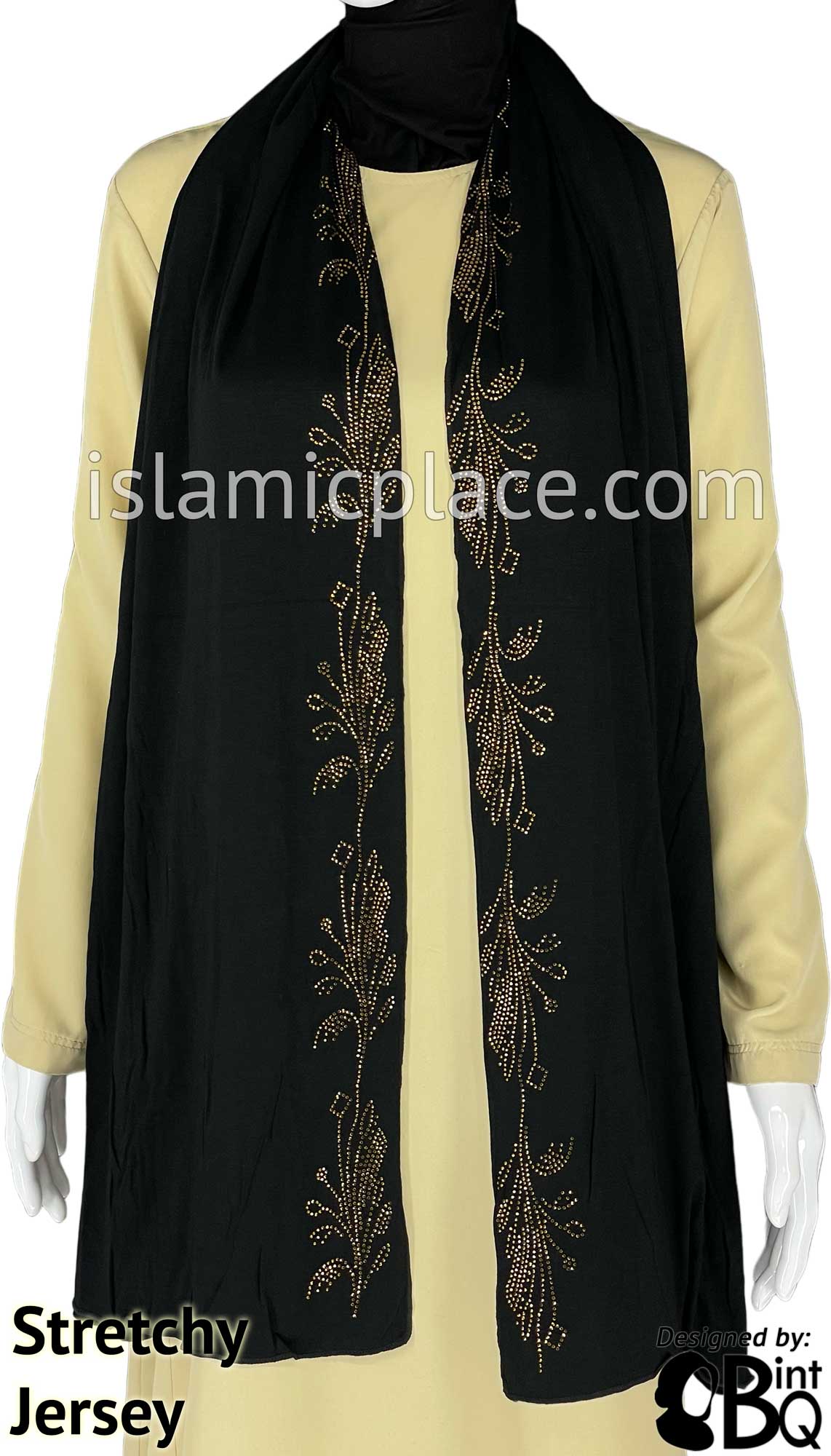 Black with Golden Stones in Design 17 - Jersey Shayla Long Rectangle Hijab 30"x70"