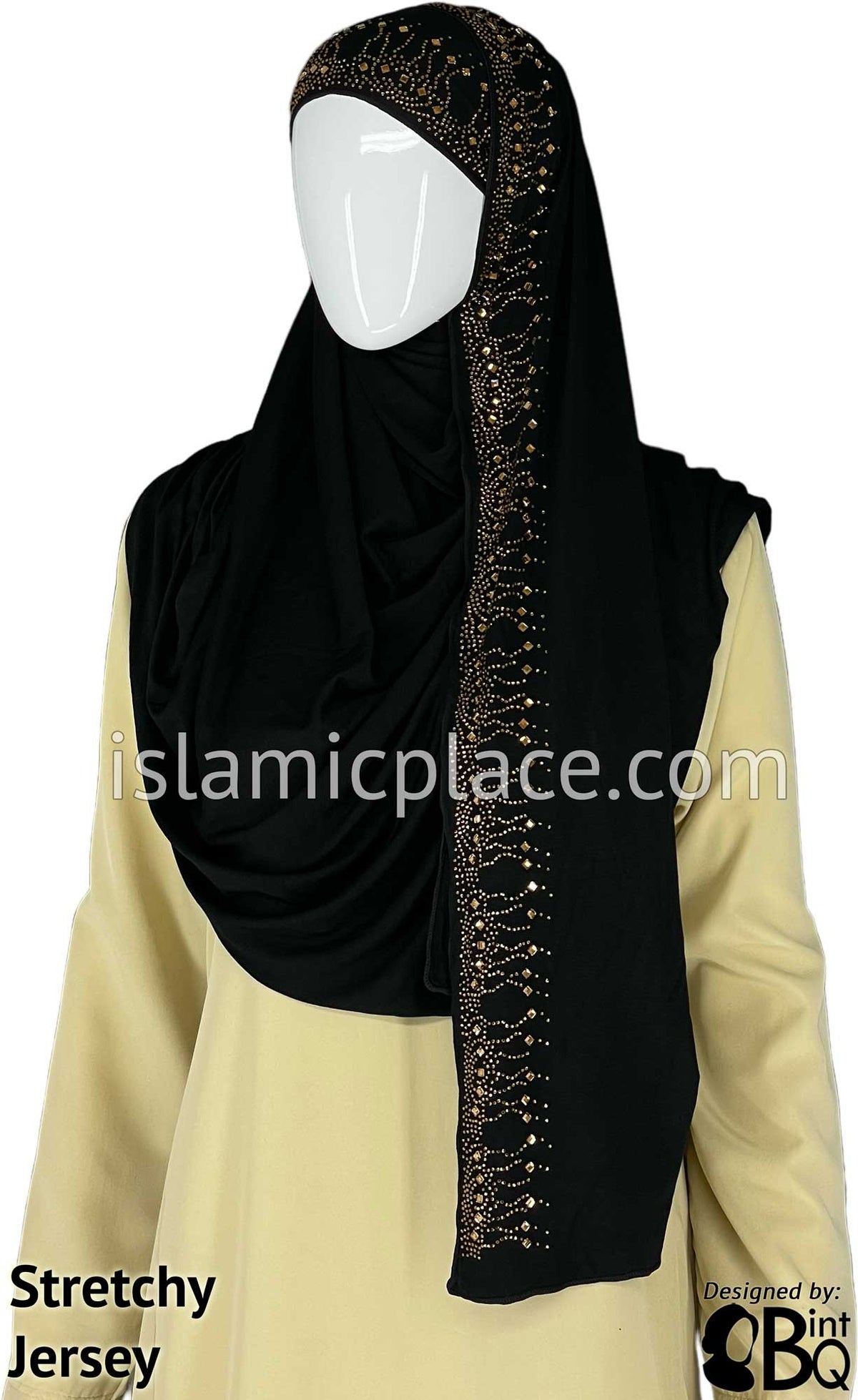 Black with Golden Stones in Design 67 - Jersey Shayla Long Rectangle Hijab 30&quot;x70&quot;