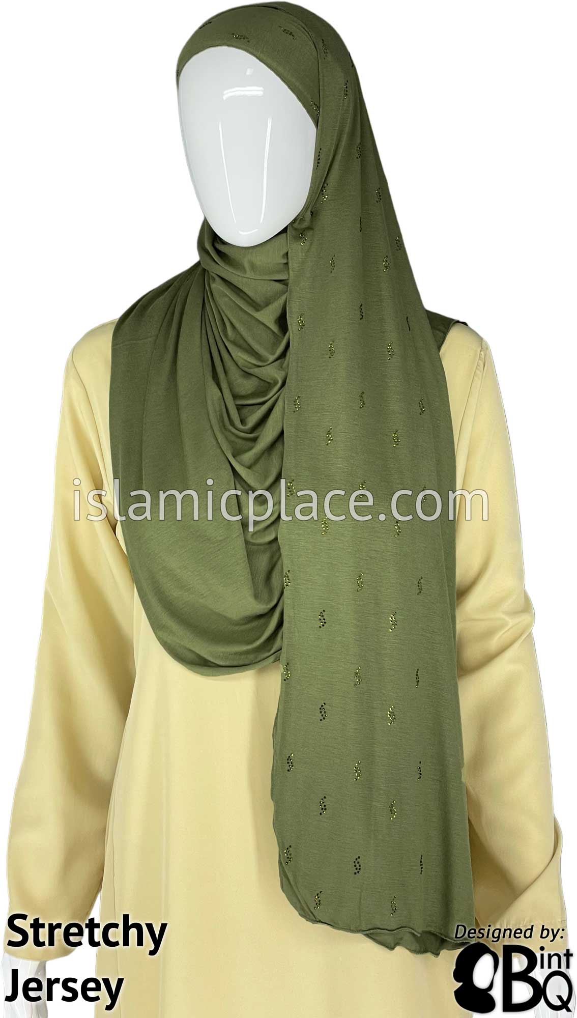 Light Olive with Green Stones in Design 63 - Jersey Shayla Long Rectangle Hijab 30&quot;x70&quot;