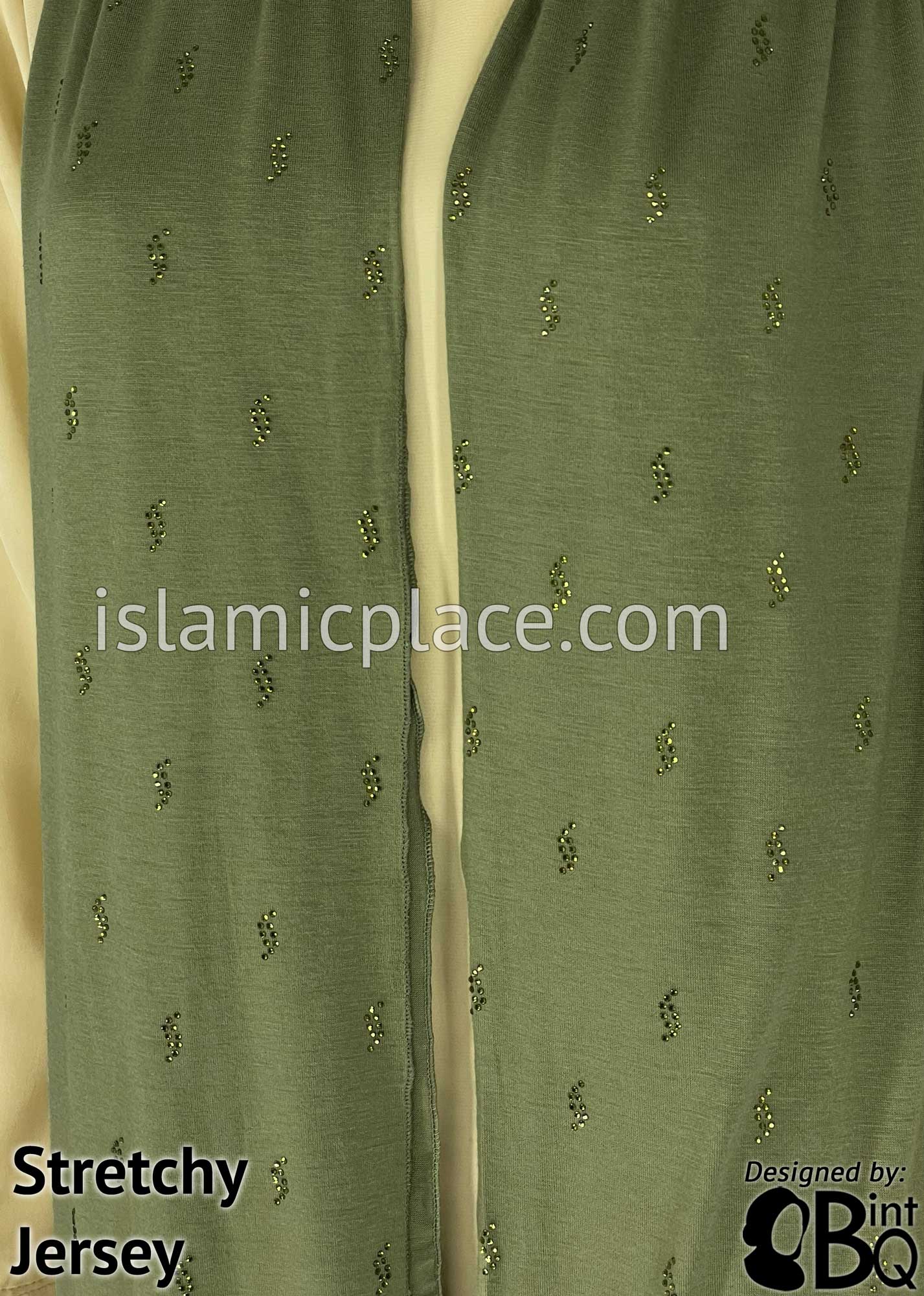 Light Olive with Green Stones in Design 63 - Jersey Shayla Long Rectangle Hijab 30"x70"