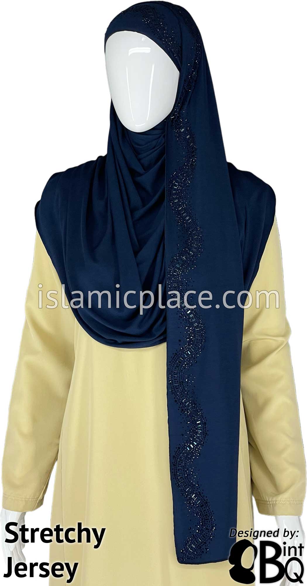 Navy with Navy Stones in Design 30 - Jersey Shayla Long Rectangle Hijab 30&quot;x70&quot;