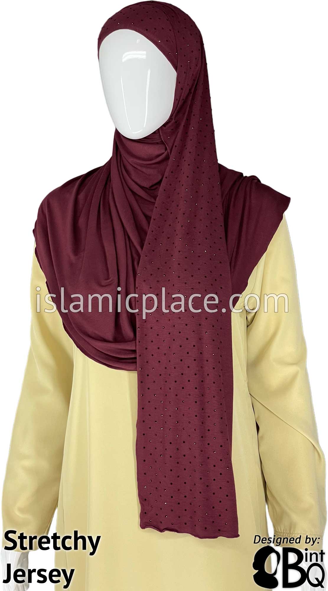 Burgundy with Burgundy Stones in Design 62 - Jersey Shayla Long Rectangle Hijab 30&quot;x70&quot;