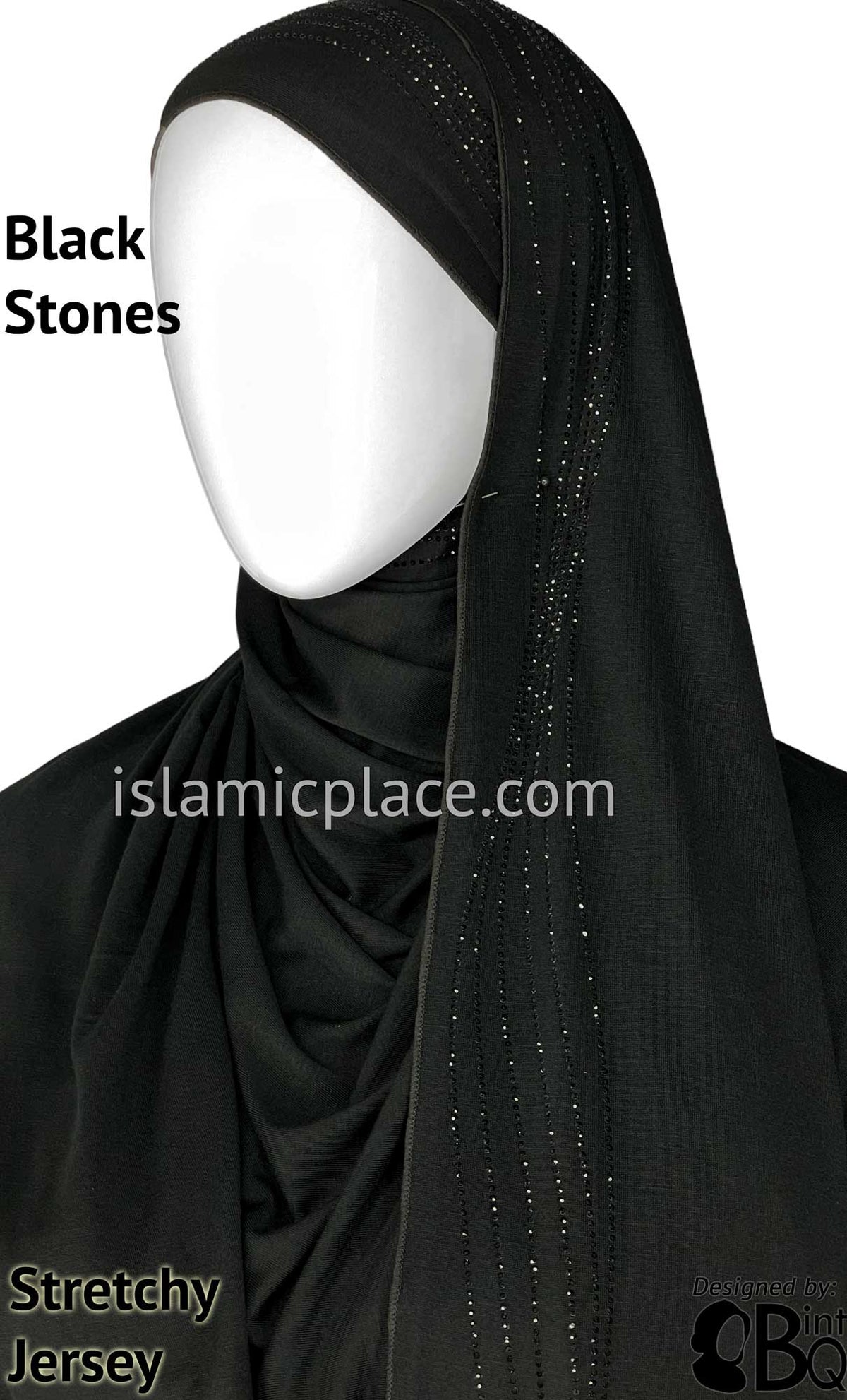 Black with Black Stones in Design 102 - Jersey Shayla Long Rectangle Hijab 30&quot;x70&quot;