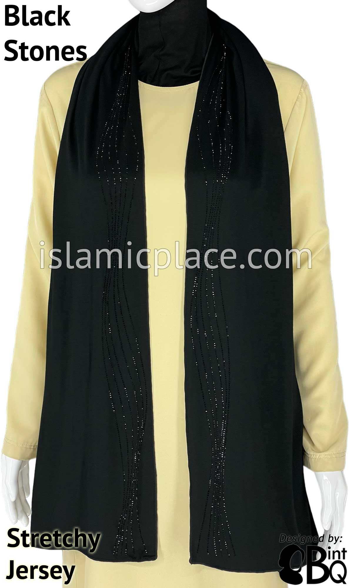 Black with Black Stones in Design 102 - Jersey Shayla Long Rectangle Hijab 30"x70"