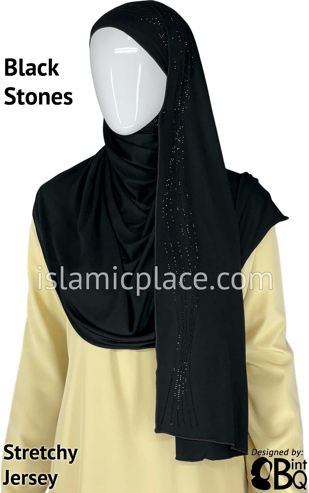 Black with Black Stones in Design 102 - Jersey Shayla Long Rectangle Hijab 30"x70"