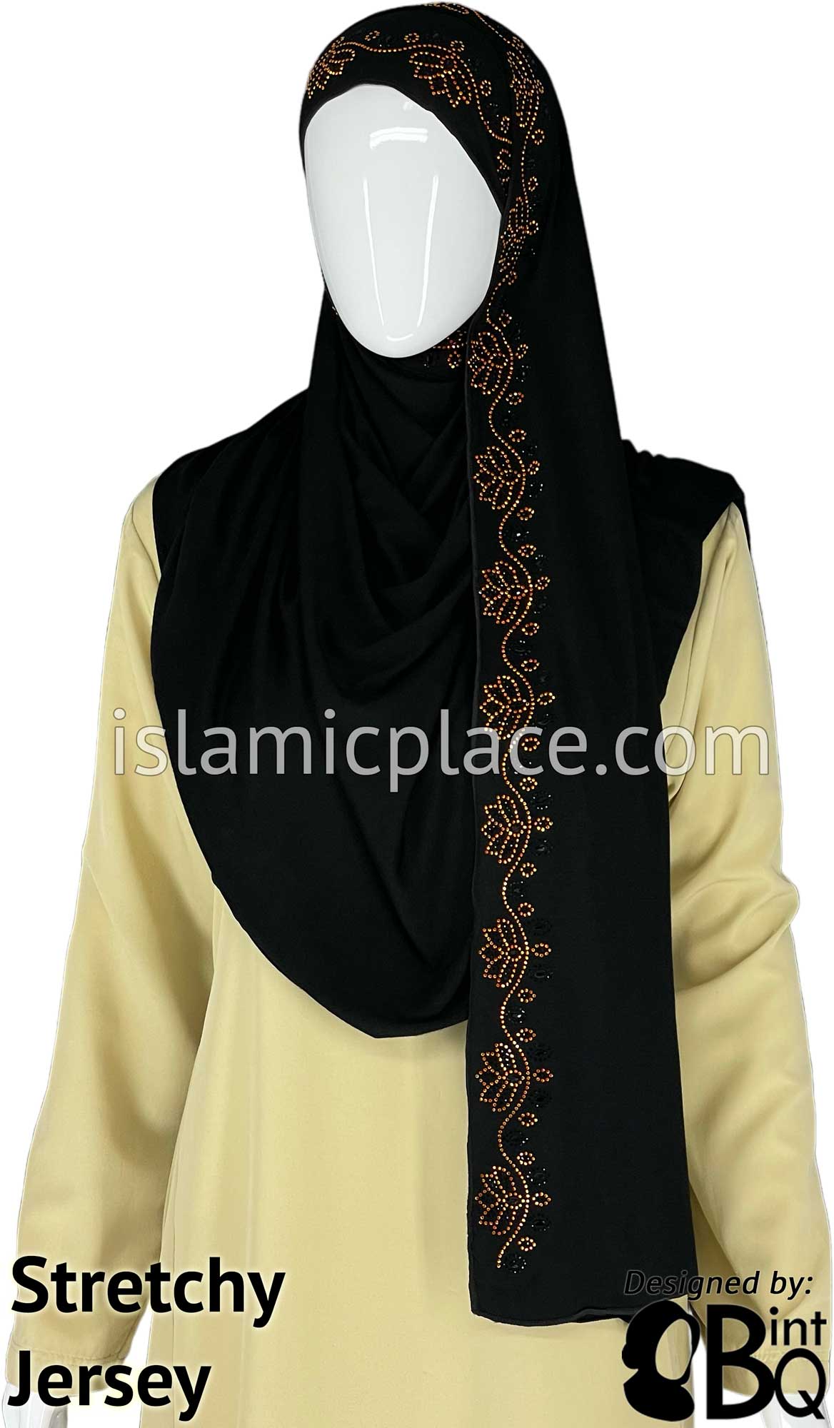 Black with Orange Stones in Design 18 - Jersey Shayla Long Rectangle Hijab 30&quot;x70&quot;