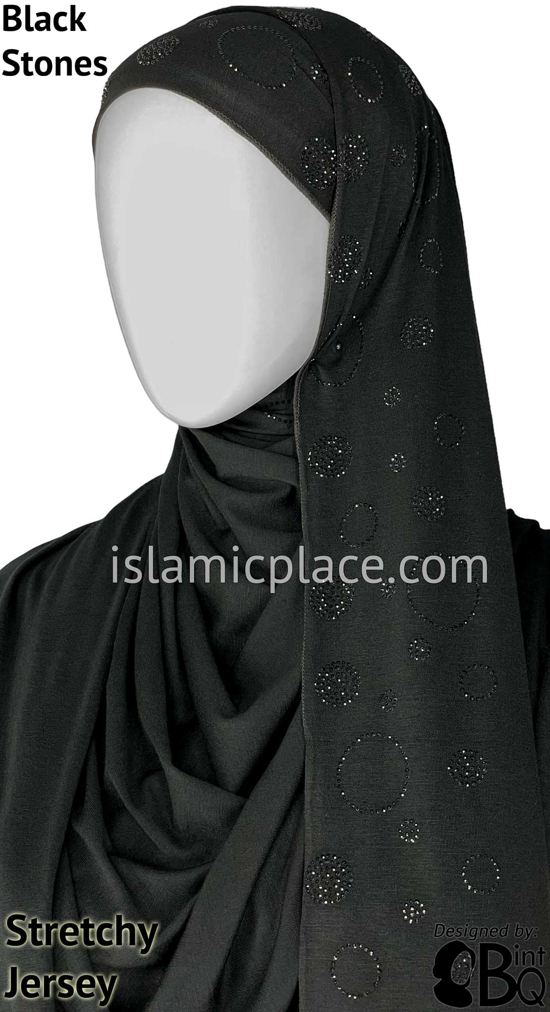 Black with Black Stones in Design 61 - Jersey Shayla Long Rectangle Hijab 30&quot;x70&quot;