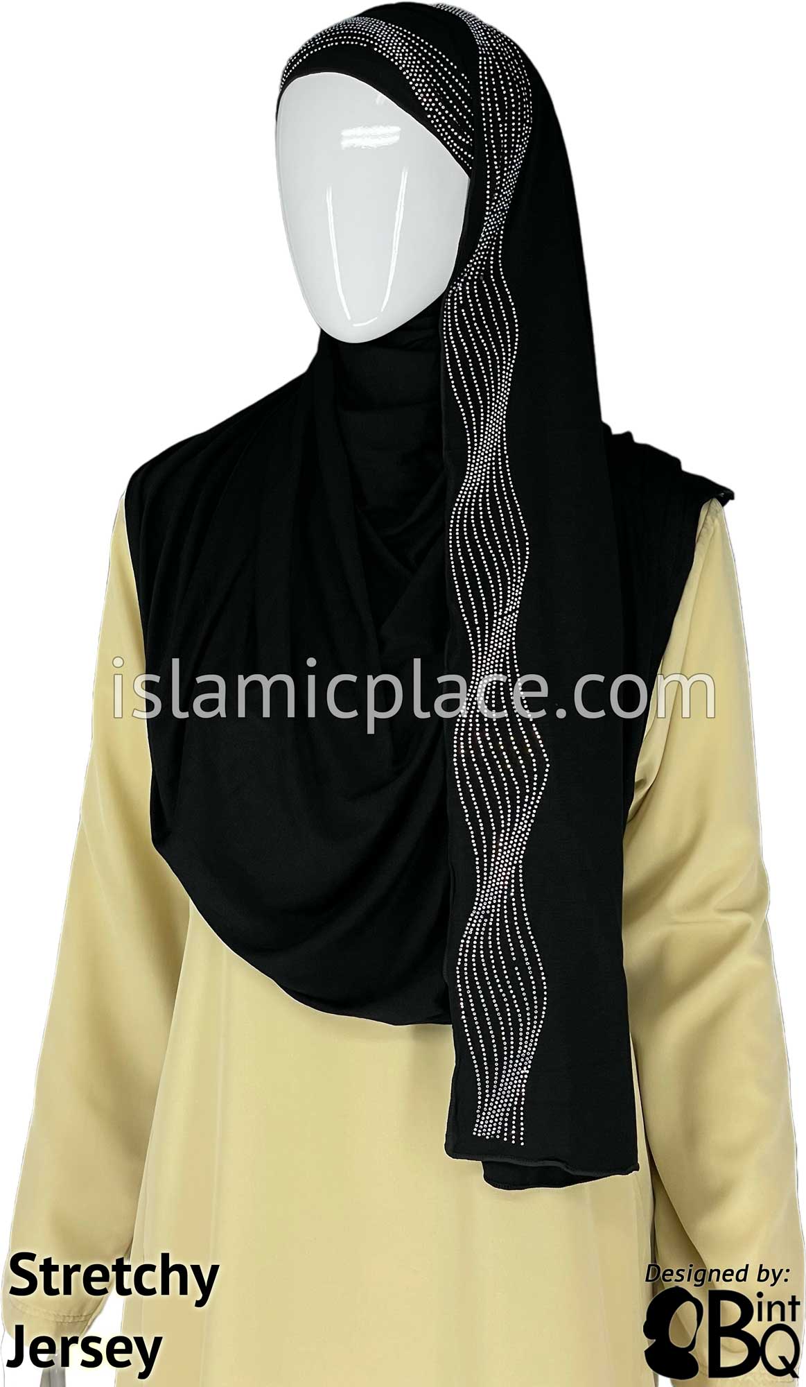 Black with Silver Stones in Design 102 - Jersey Shayla Long Rectangle Hijab 30"x70"