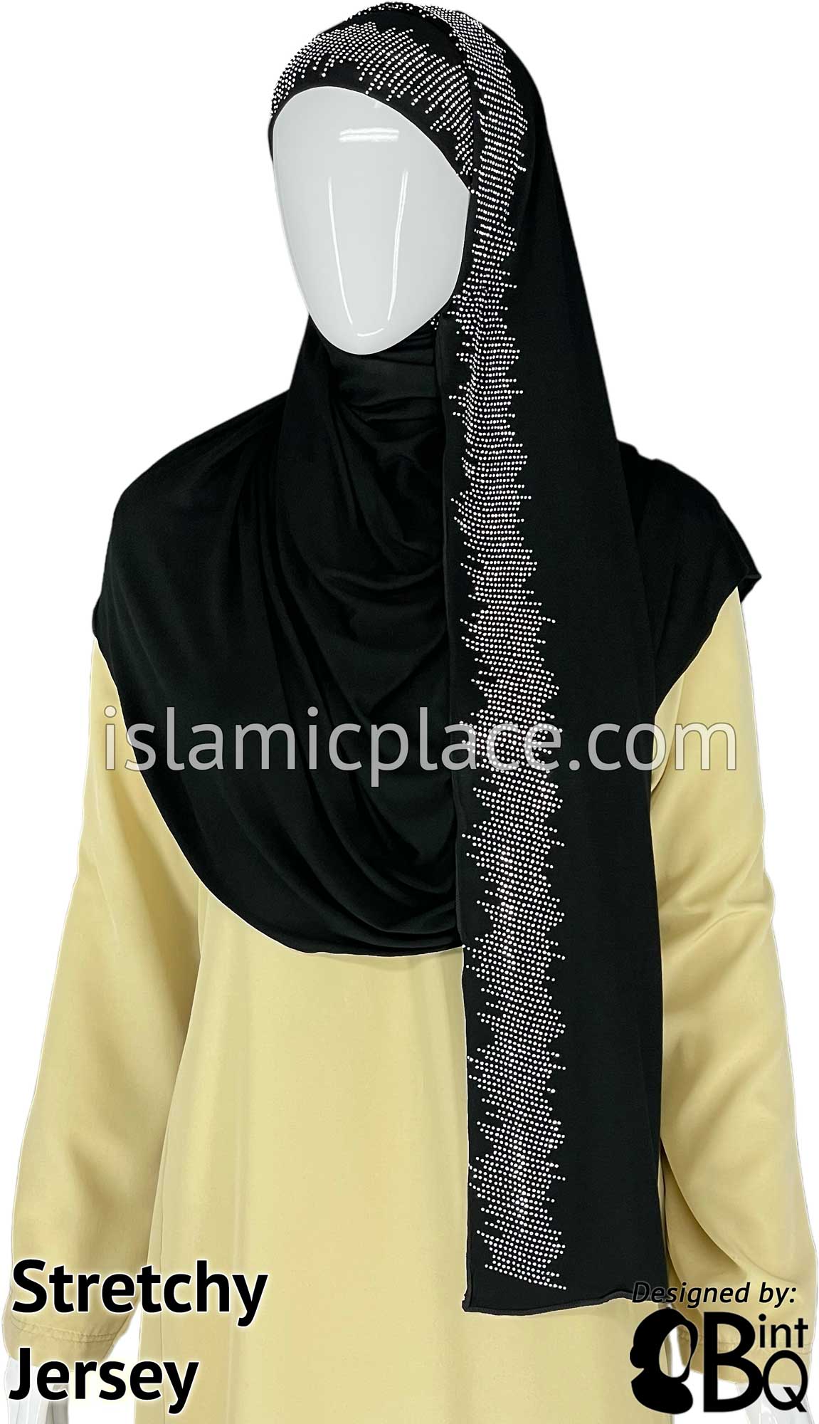 Black with Silver Stones in Design 46 - Jersey Shayla Long Rectangle Hijab 30&quot;x70&quot;