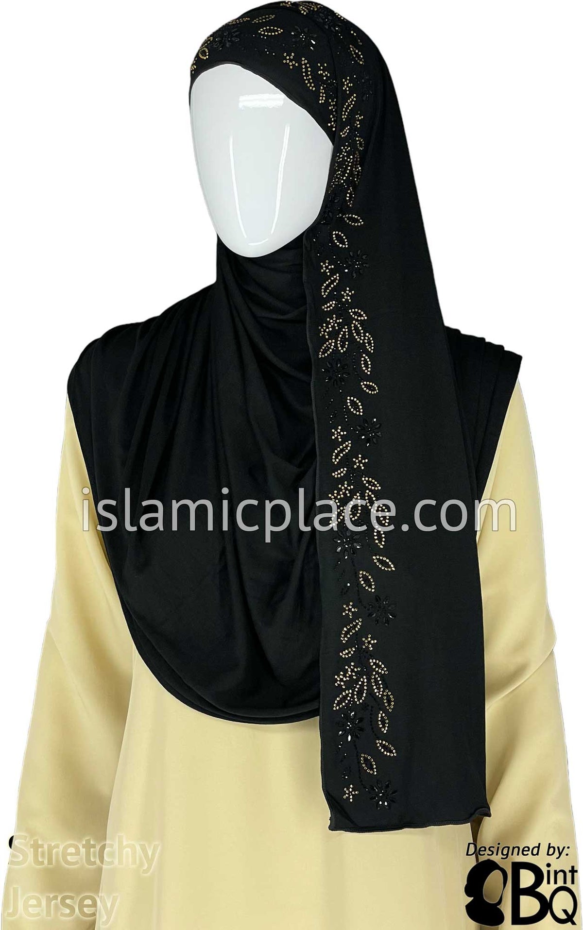 Black with Golden Stones in Design 48 - Jersey Shayla Long Rectangle Hijab 30&quot;x70&quot;