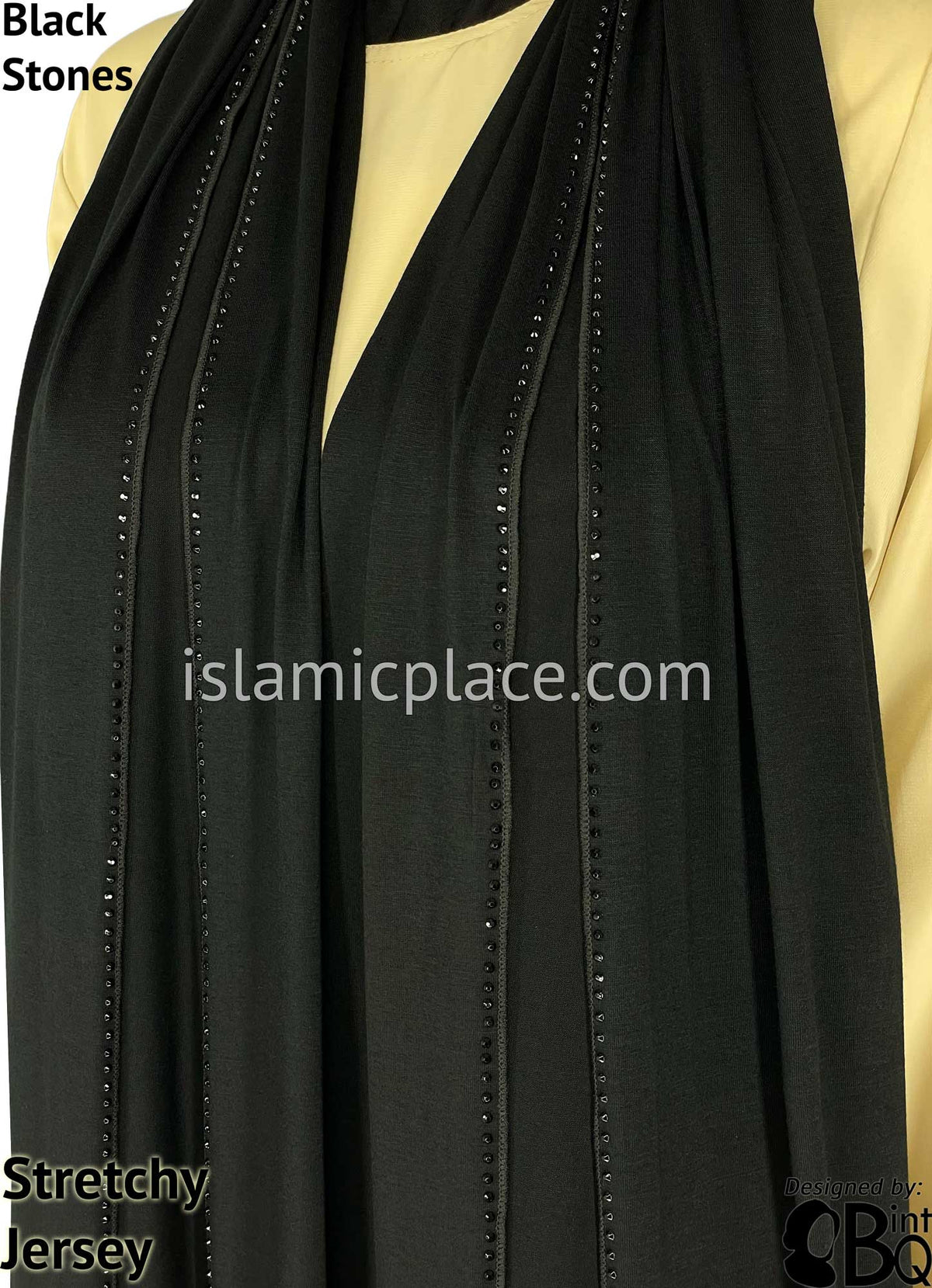 Black with Black Stones in Design 124 Stone Edge on all 4 sides - Jersey Shayla Long Rectangle Hijab 30&quot;x70&quot;