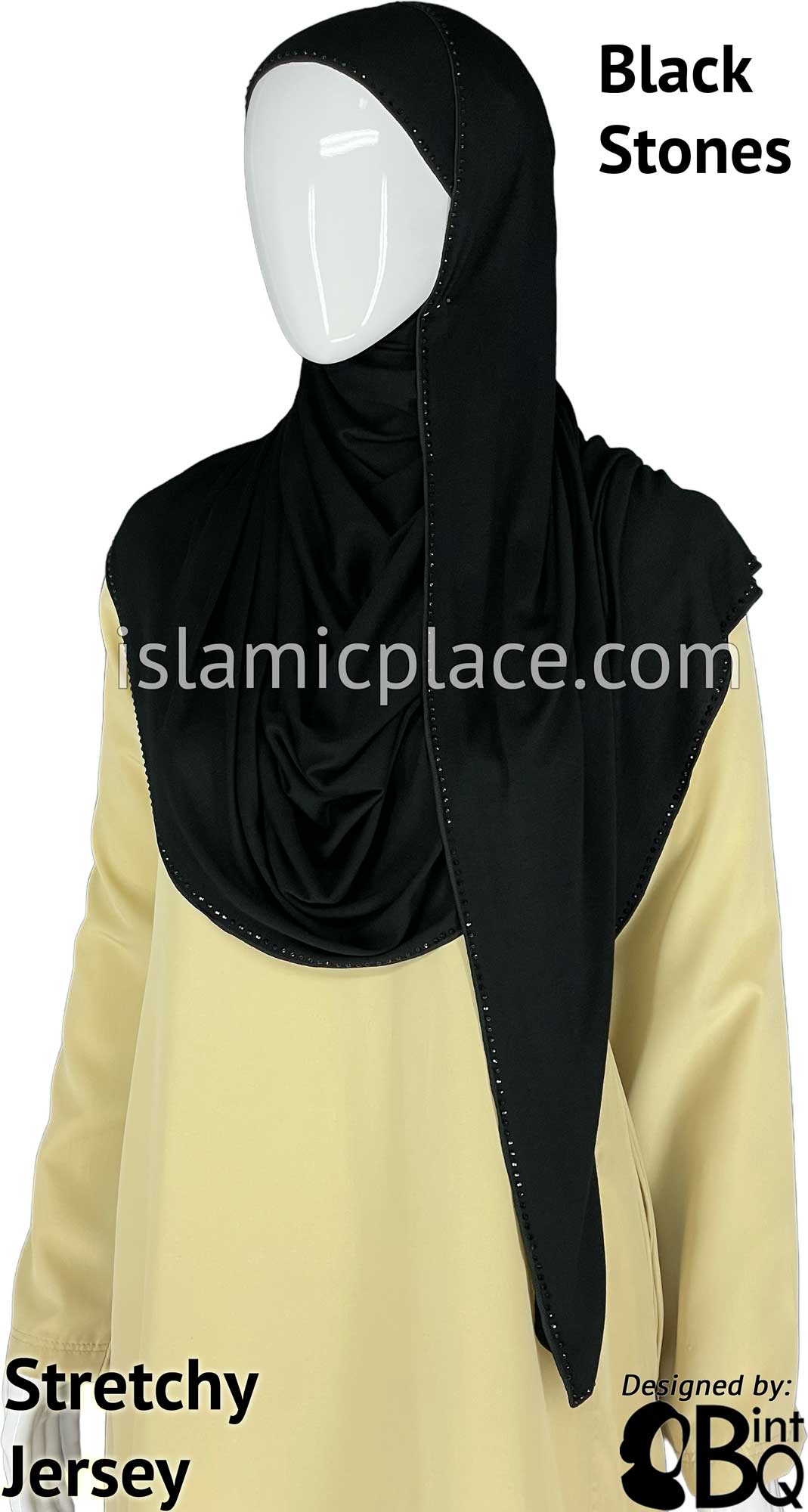 Black with Black Stones in Design 124 Stone Edge on all 4 sides - Jersey Shayla Long Rectangle Hijab 30"x70"