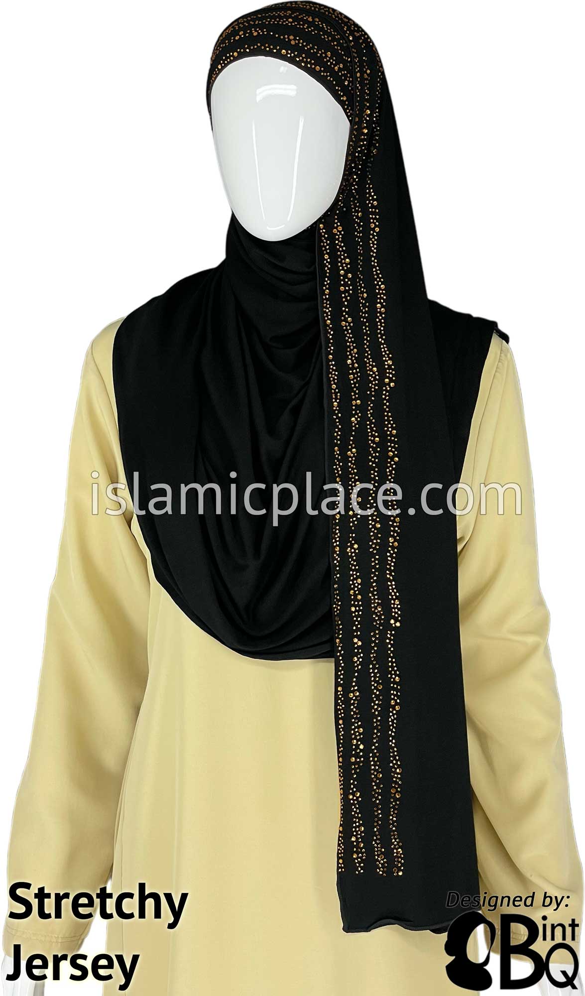 Black with Golden Stones in Design 28 - Jersey Shayla Long Rectangle Hijab 30&quot;x70&quot;