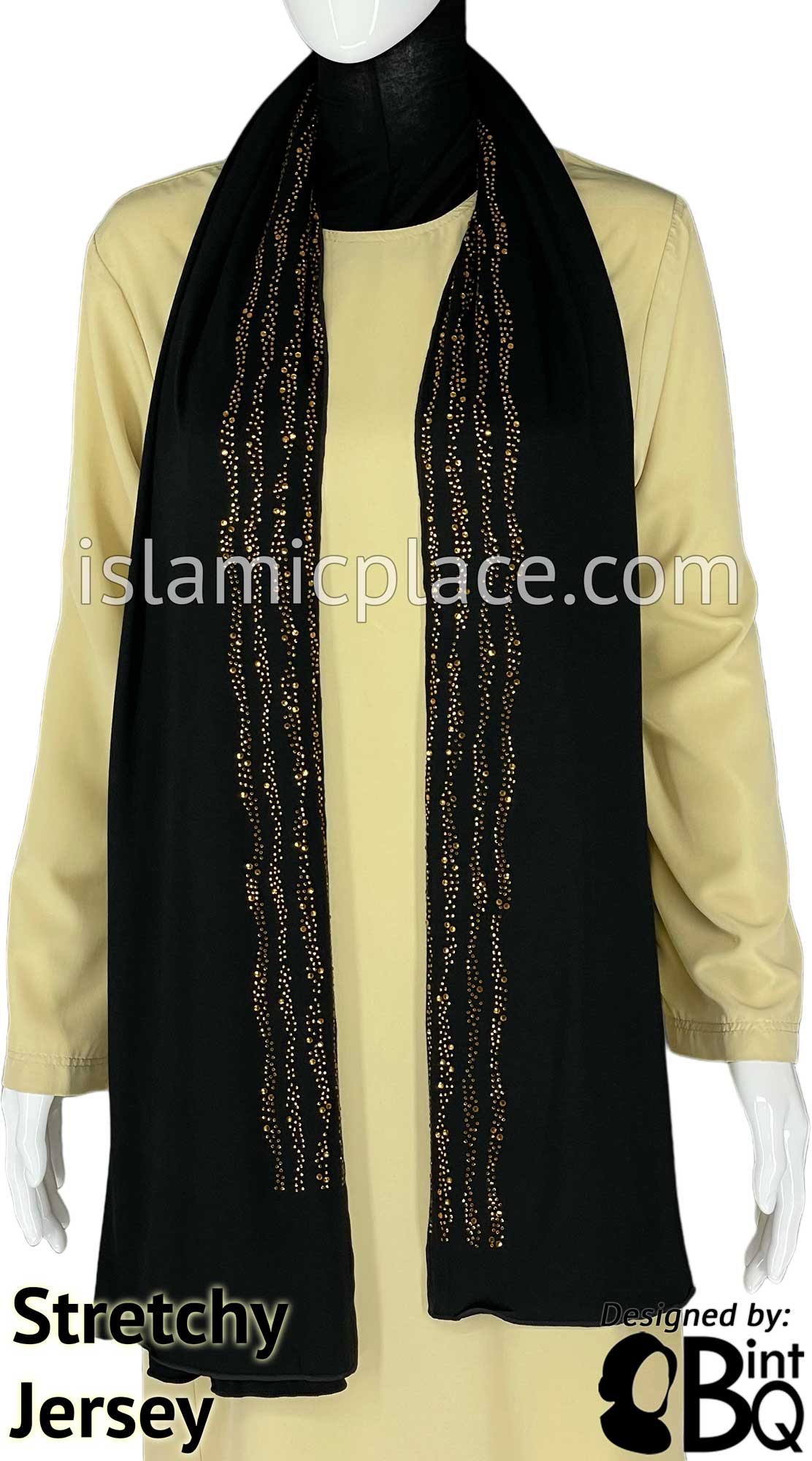 Black with Golden Stones in Design 28 - Jersey Shayla Long Rectangle Hijab 30"x70"