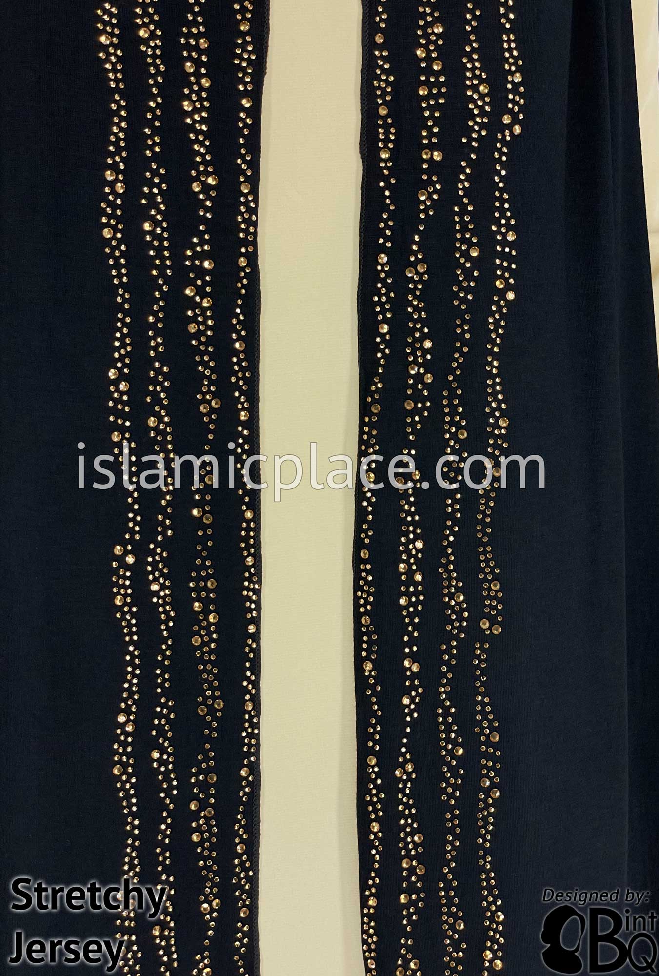 Black with Golden Stones in Design 28 - Jersey Shayla Long Rectangle Hijab 30"x70"