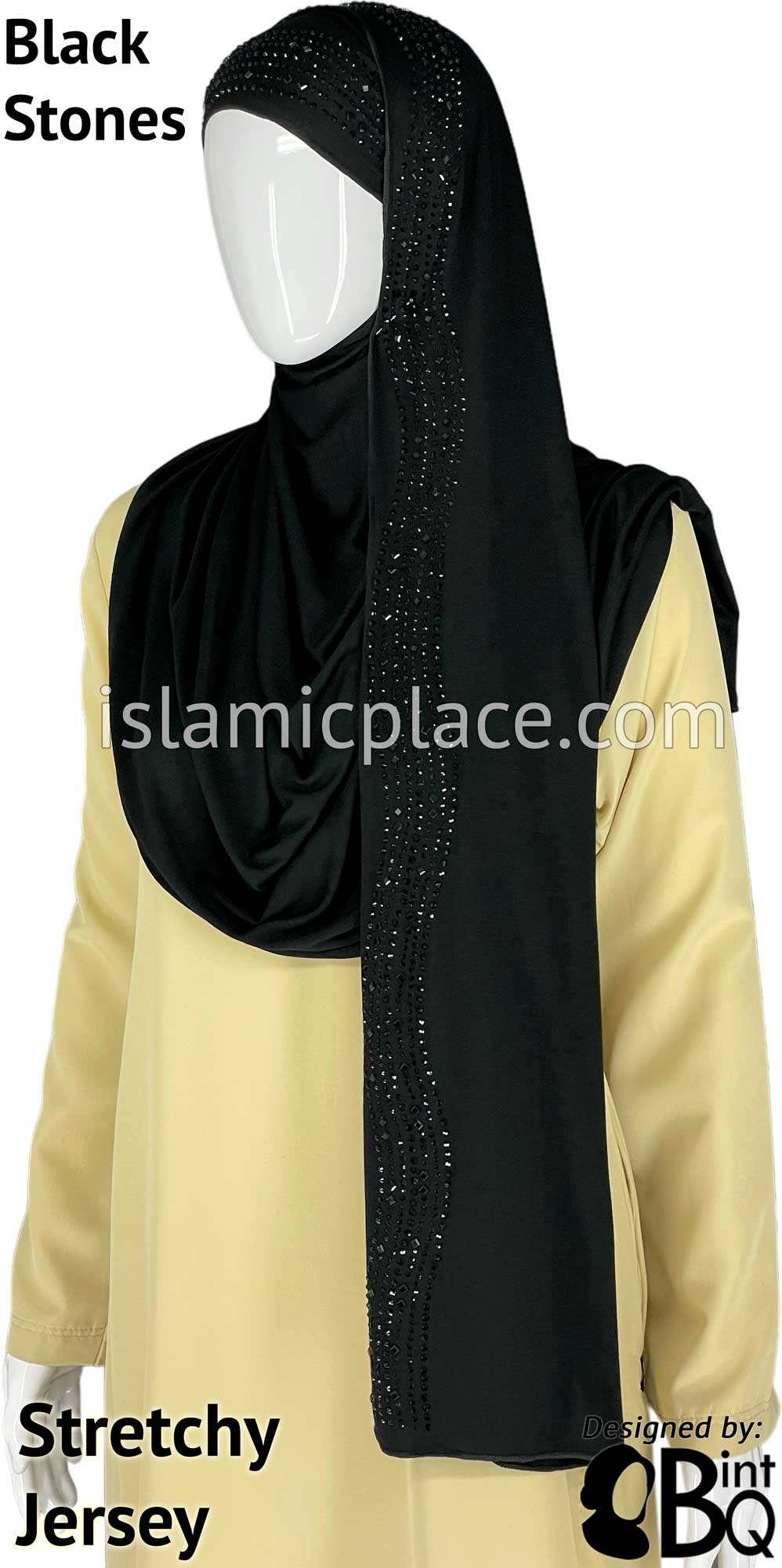 Black with Black Stones in Design 33 - Jersey Shayla Long Rectangle Hijab 30"x70"