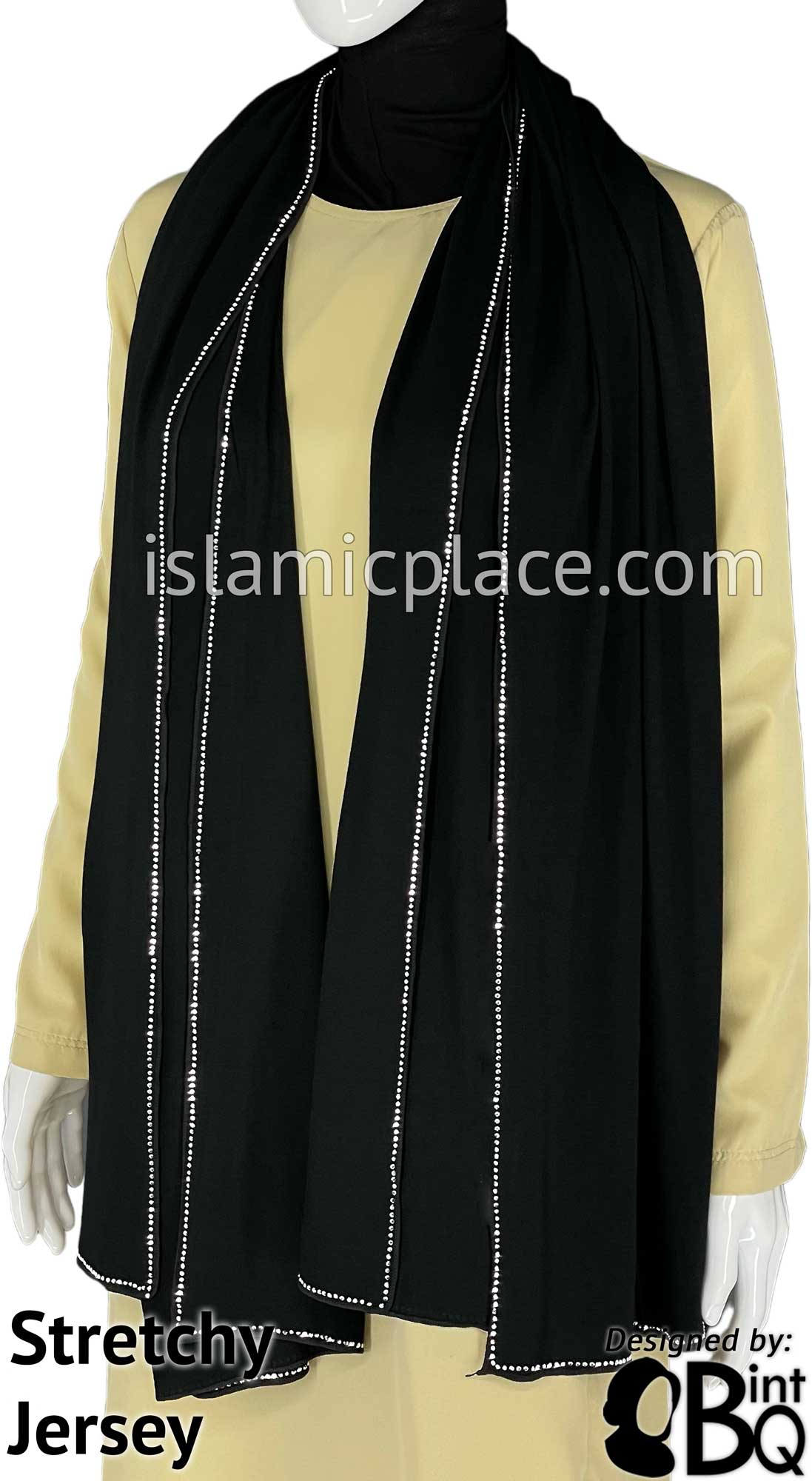 Black with Silver Stones in Design 124 Stone Edge on all 4 sides - Jersey Shayla Long Rectangle Hijab 30"x70"