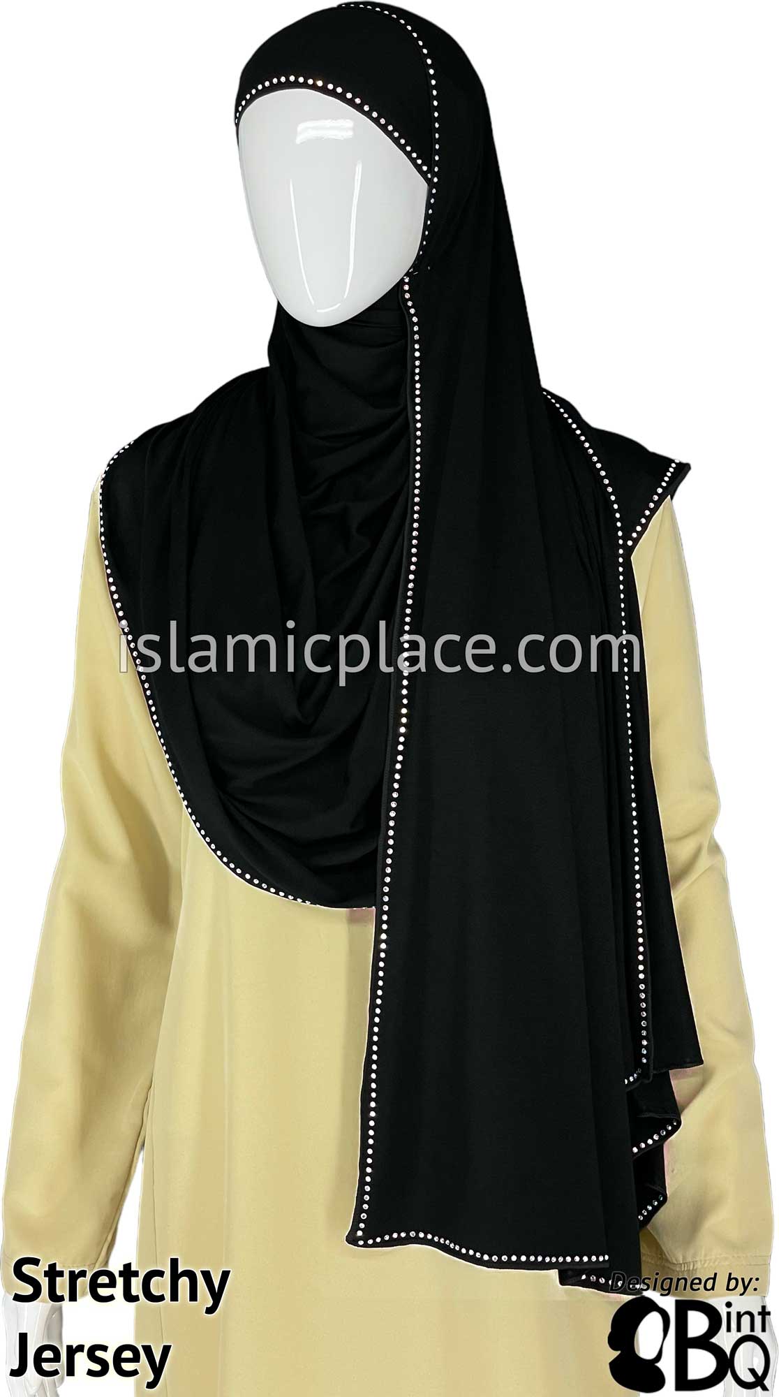 Black with Colorful Stones in Design 124 Stone Edge on all 4 sides - Jersey Shayla Long Rectangle Hijab 30"x70"