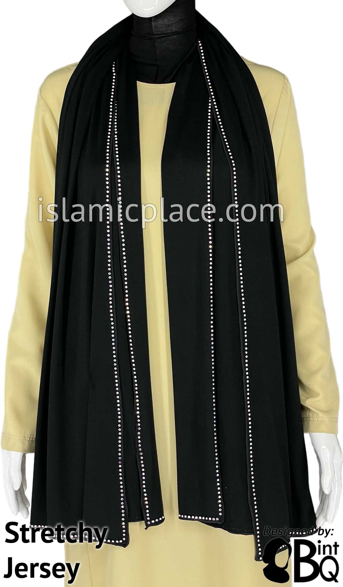 Black with Colorful Stones in Design 124 Stone Edge on all 4 sides - Jersey Shayla Long Rectangle Hijab 30"x70"