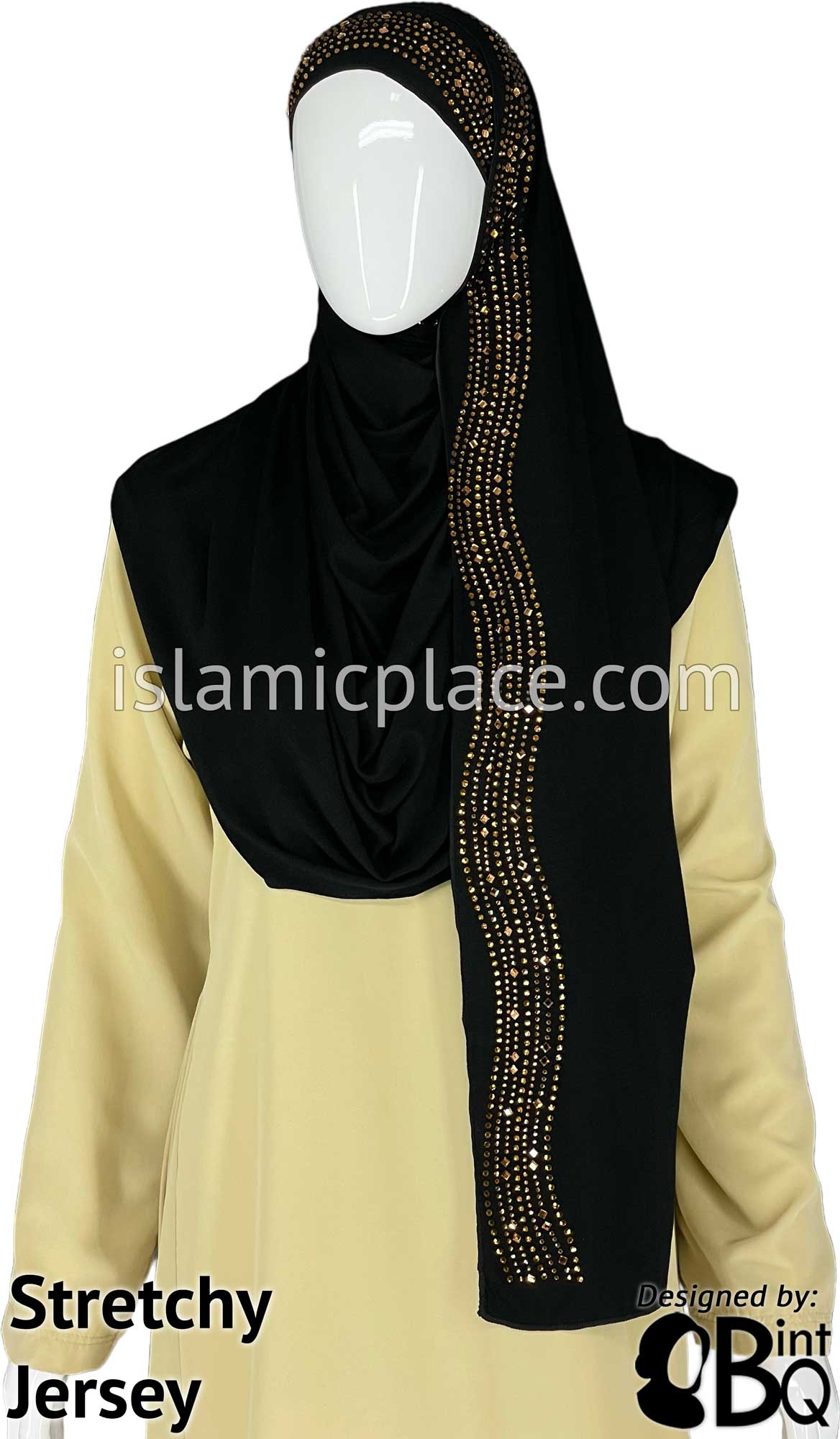 Black with Golden Stones in Design 33 - Jersey Shayla Long Rectangle Hijab 30&quot;x70&quot;