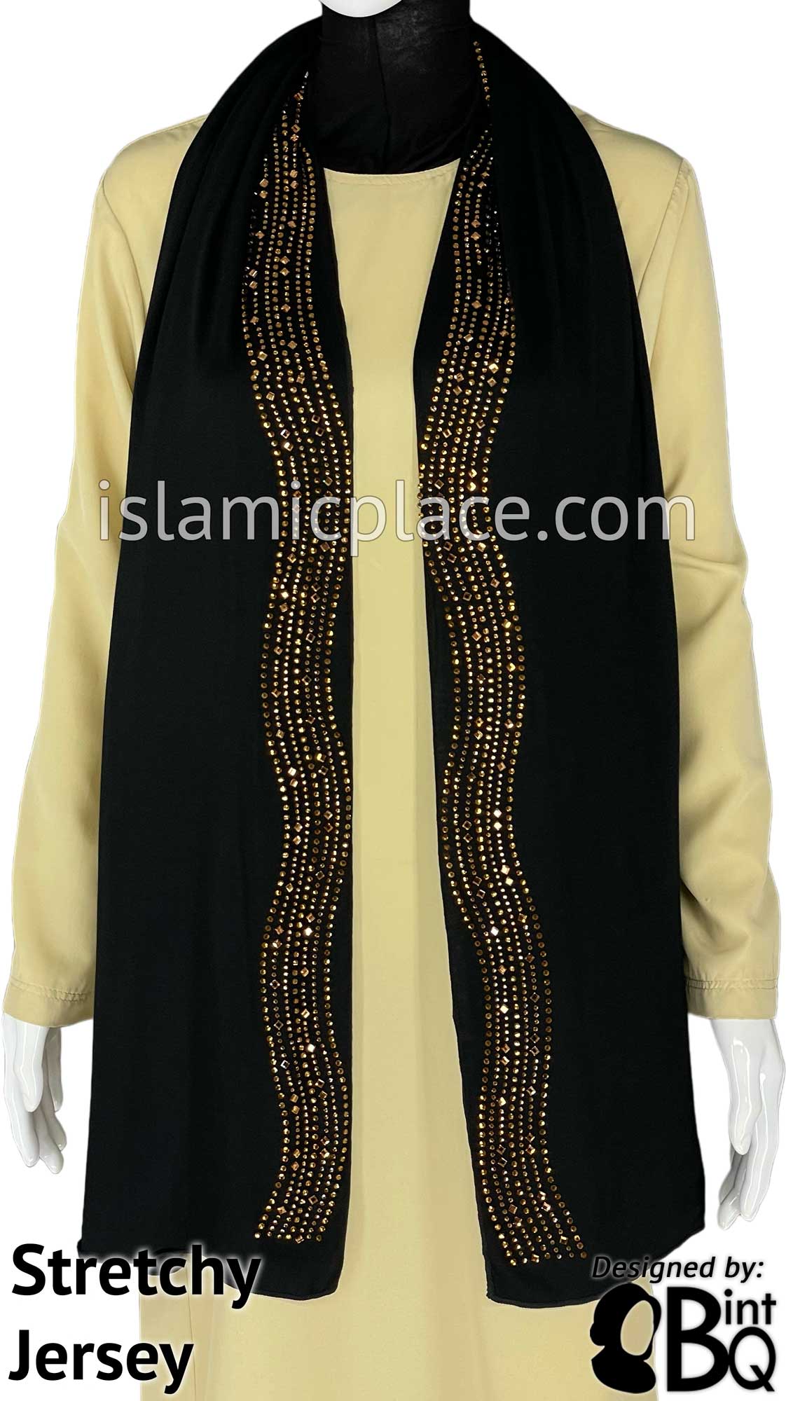 Black with Golden Stones in Design 33 - Jersey Shayla Long Rectangle Hijab 30"x70"