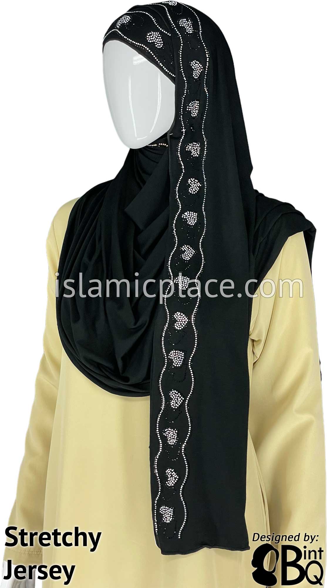 Black with Silver Stones in Design 133 - Jersey Shayla Long Rectangle Hijab 30&quot;x70&quot;