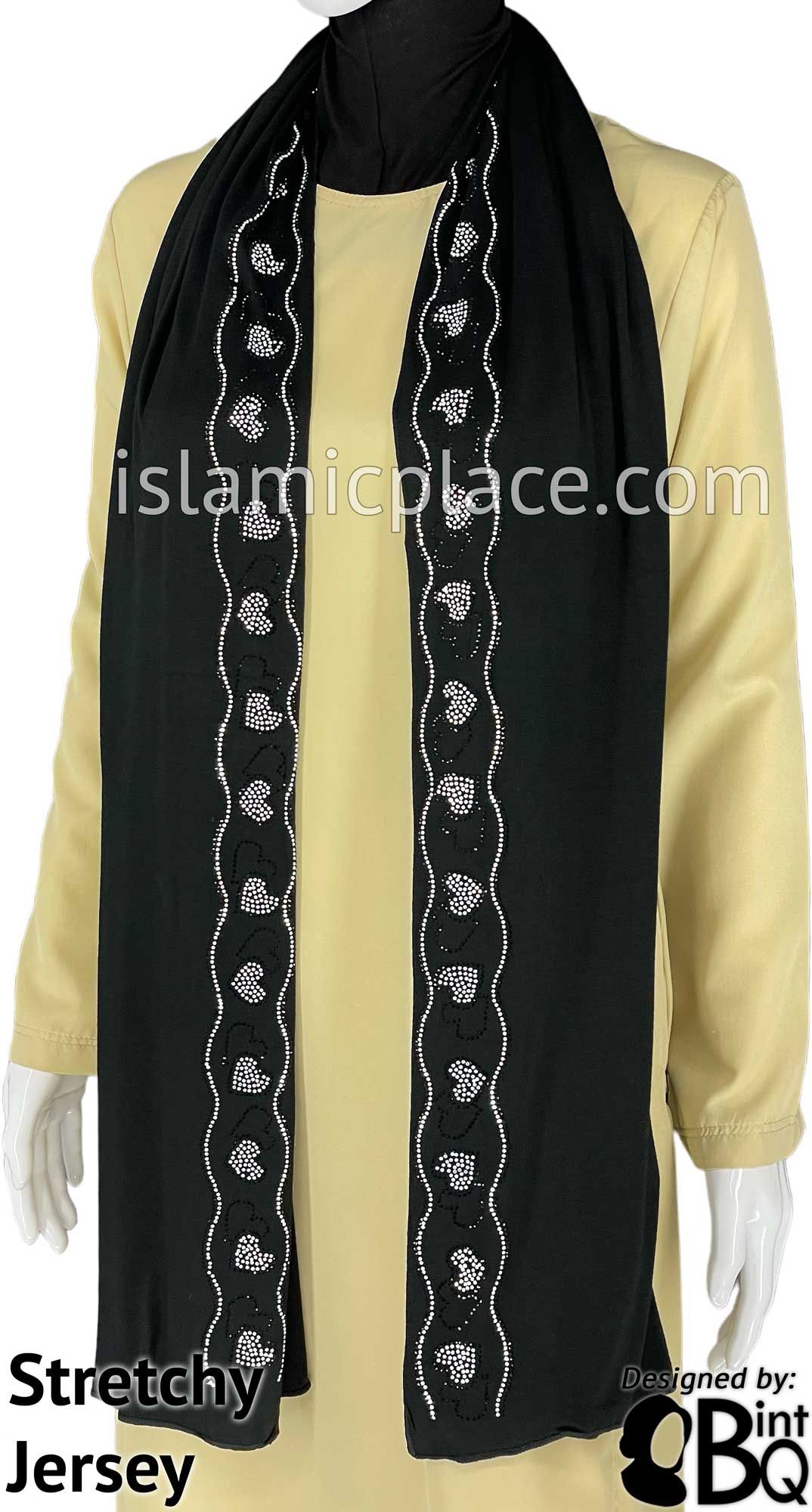 Black with Silver Stones in Design 133 - Jersey Shayla Long Rectangle Hijab 30"x70"