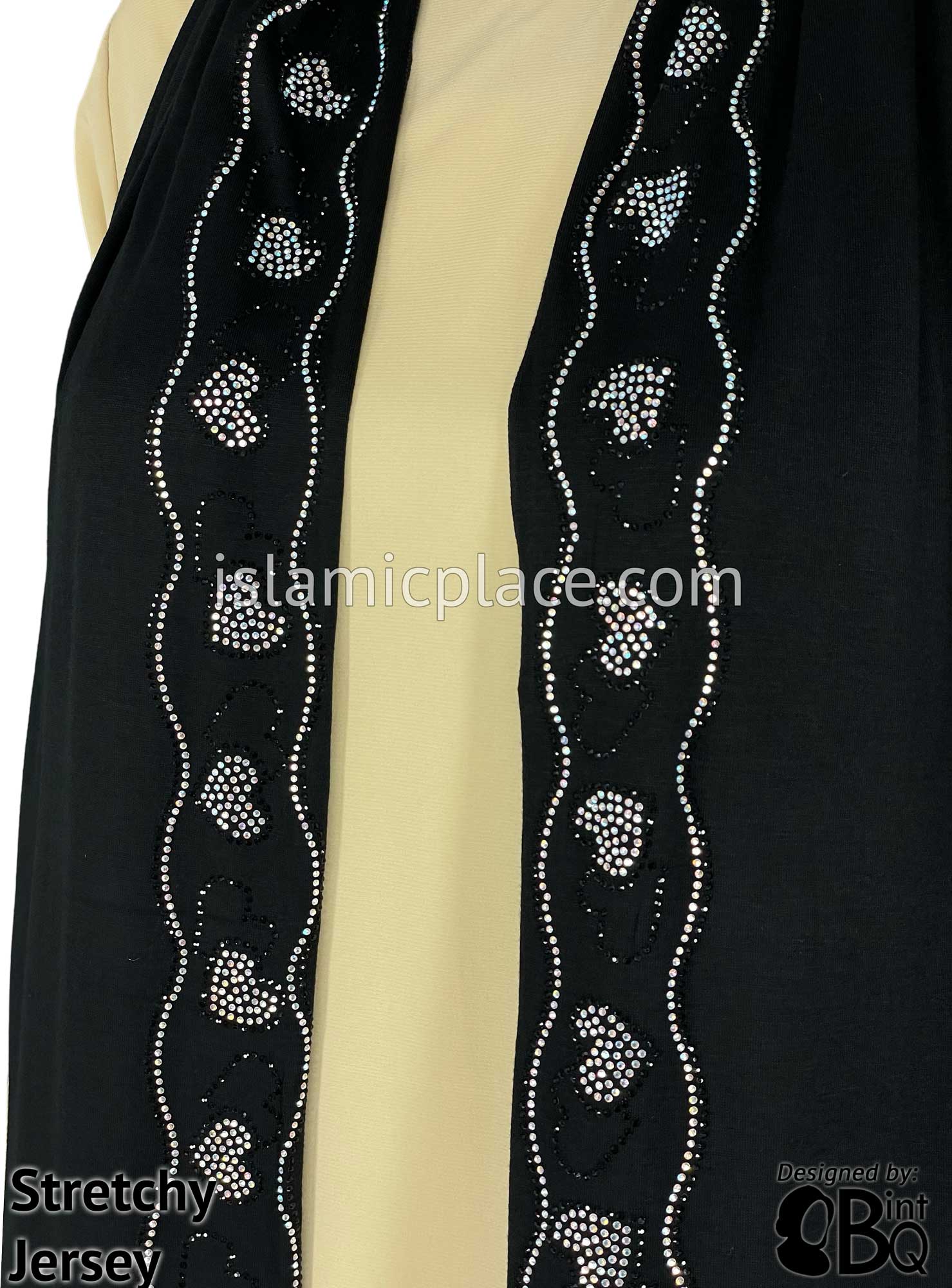 Black with Silver Stones in Design 133 - Jersey Shayla Long Rectangle Hijab 30"x70"