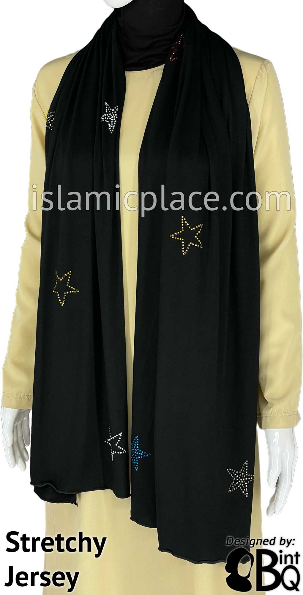 Black with Antique Stones in Design 154 - Jersey Shayla Long Rectangle Hijab 30"x70"