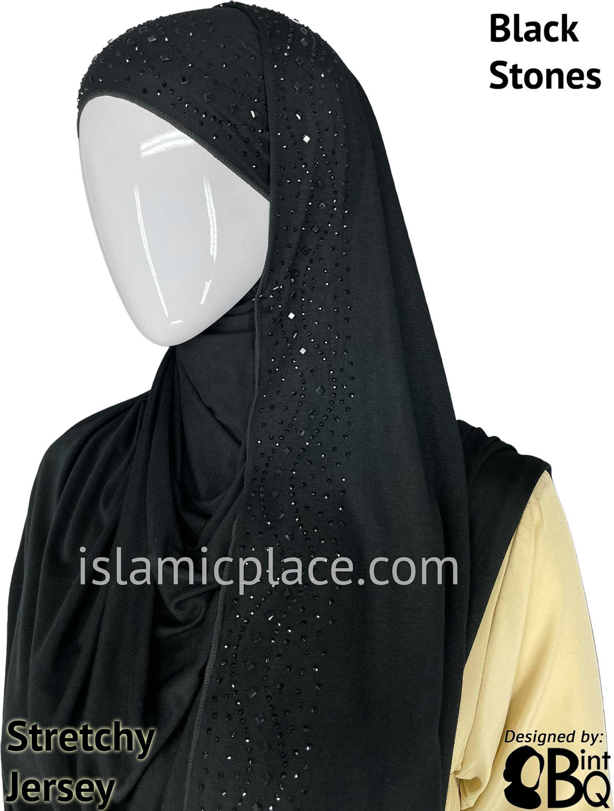 Black with Black Stones in Design 60 - Jersey Shayla Long Rectangle Hijab 30&quot;x70&quot;