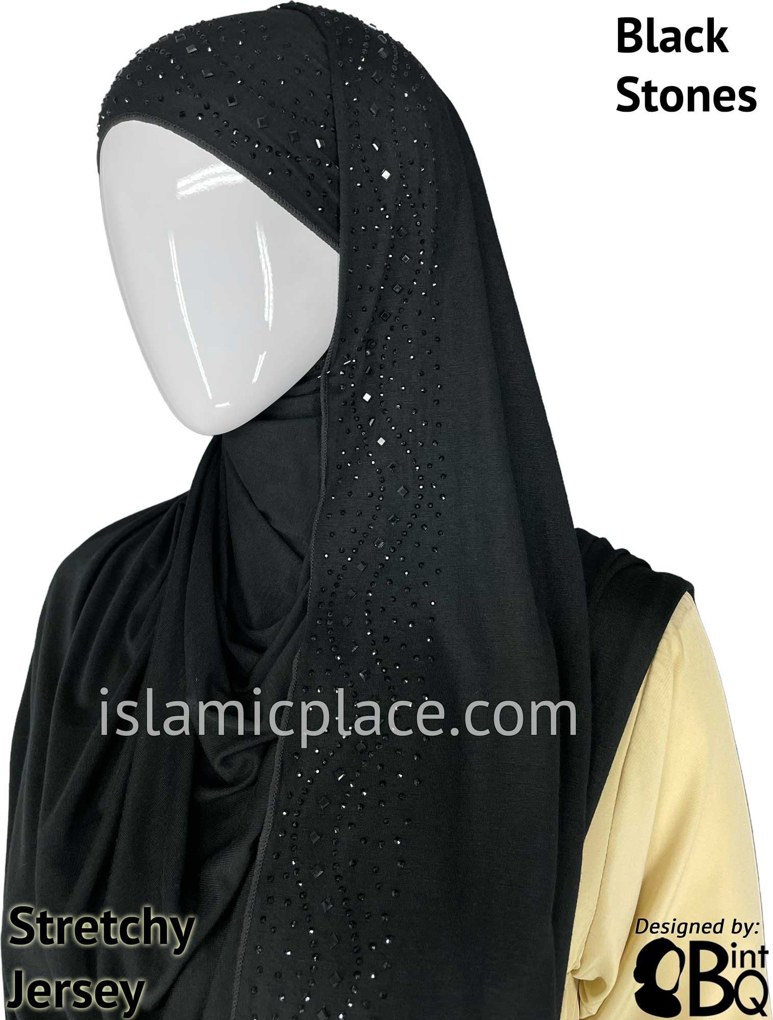 Black with Black Stones in Design 60 - Jersey Shayla Long Rectangle Hijab 30"x70"