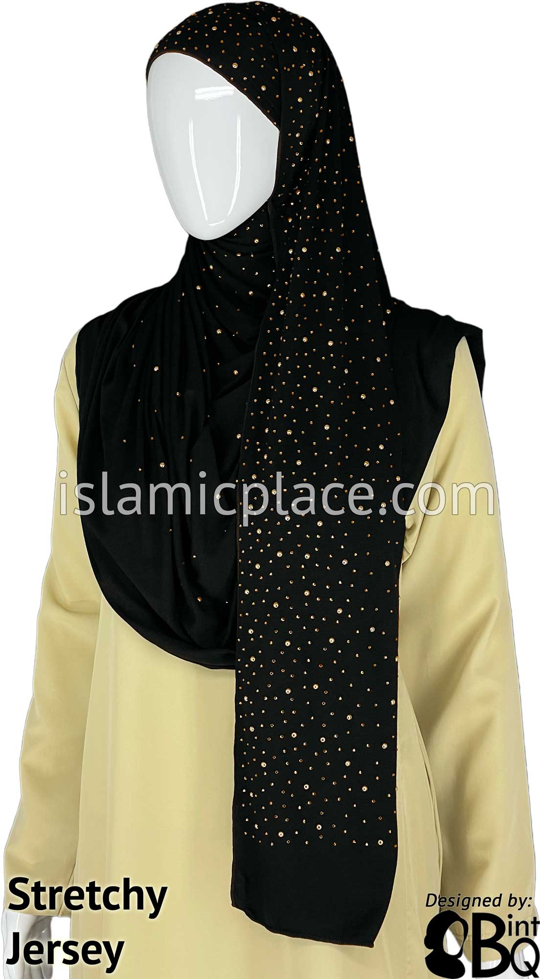 Black with Golden Stones in Design 44 - Jersey Shayla Long Rectangle Hijab 30&quot;x70&quot;